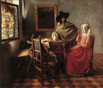  dama Pintura - Una dama bebiendo y un caballero barroco Johannes Vermeer